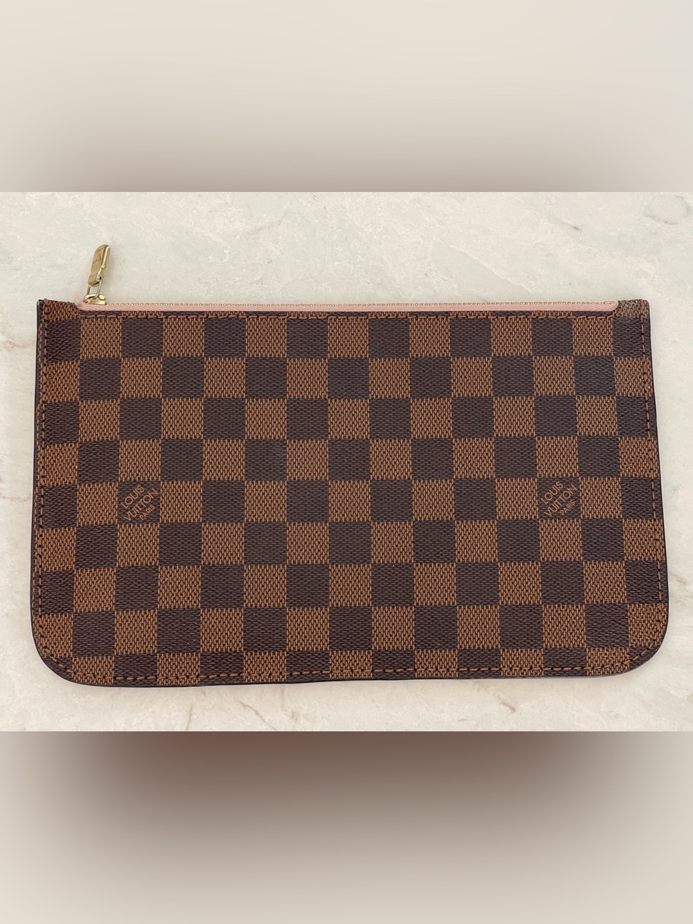 LV Damier Ebene Neverfull Pochette Zip Pouch with Rose Ballerine Lining NO STRAP